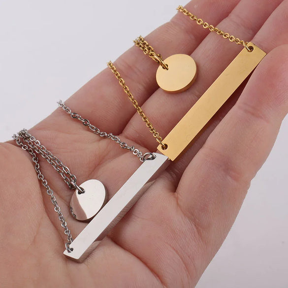 Wholesale Jewelry Retro Simple Style Customization Laser Engraving Solid Color Titanium Steel 18K Gold Plated Chain Layered Necklaces
