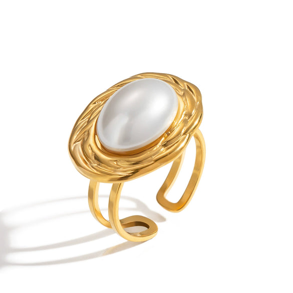Wholesale Retro Simple Temperament Pearl Open Ring In Geometric Shape Titanium Steel Electroplating Jewelry For Women