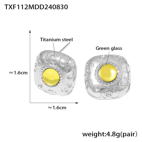 Wholesale Retro Square Green Glass Earrings And Necklace Set 316L Stainless Steel Pvd Plated 18K True Gold For Women