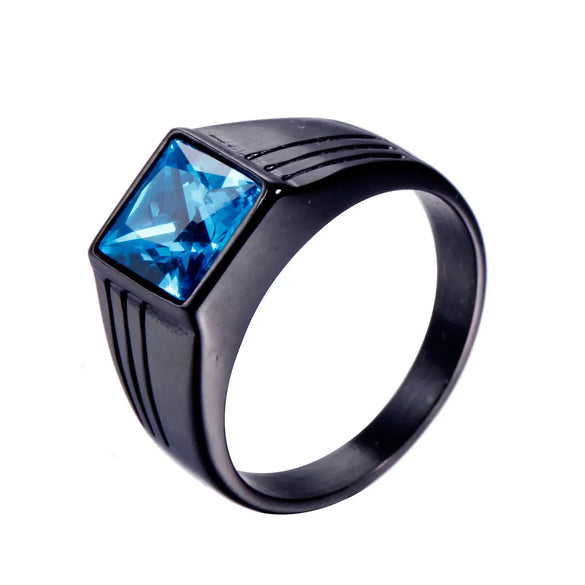 Retro Square Titanium Steel Metal Inlay Artificial Gemstones Rhodium Plated Men'S Rings