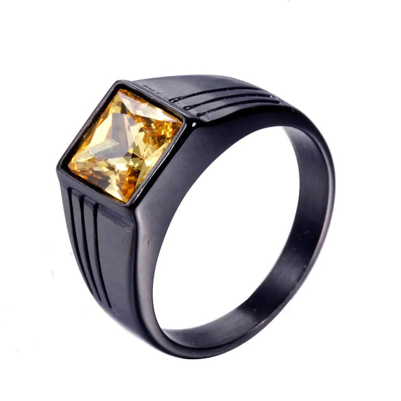 Retro Square Titanium Steel Metal Inlay Artificial Gemstones Rhodium Plated Men'S Rings