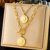 Wholesale Retro Stainless Steel Double Layer Round Portrait Head Double Sided Pendant Necklace With Gold Plated Electroplating And O Word Chain For Women