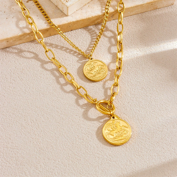 Wholesale Retro Stainless Steel Double Layer Round Portrait Head Double Sided Pendant Necklace With Gold Plated Electroplating And O Word Chain For Women