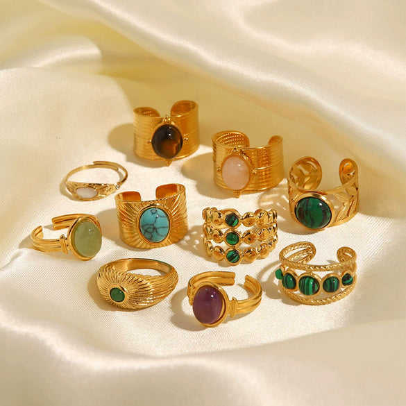Wholesale Retro Stainless Steel Gemstone Ring For Women With 18K Gold Plated And Geometric Design Set With Precious Stones