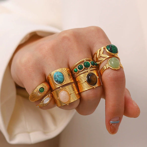 Wholesale Retro Stainless Steel Gemstone Ring For Women With 18K Gold Plated And Geometric Design Set With Precious Stones