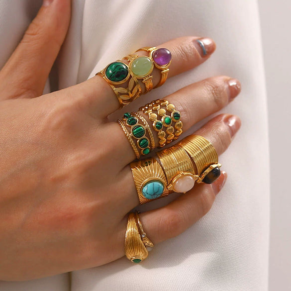 Wholesale Retro Stainless Steel Gemstone Ring For Women With 18K Gold Plated And Geometric Design Set With Precious Stones