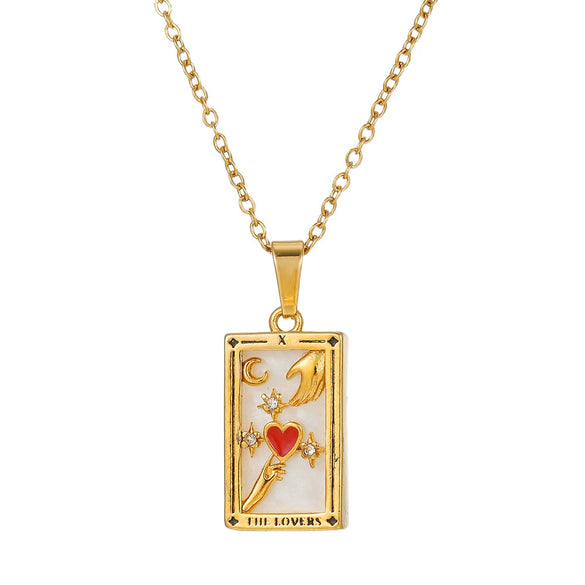 Wholesale Retro Stainless Steel Geometric Rectangular Oil Dripping Zircon Tarot Card Pendant Necklace Manual Processing For Women