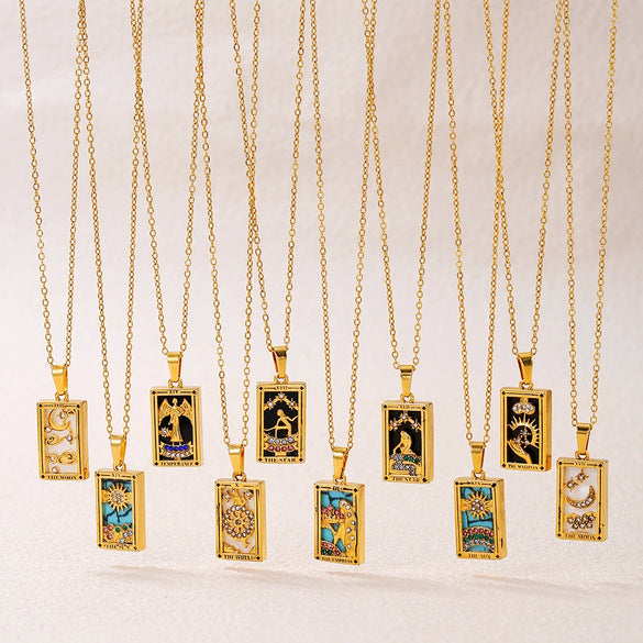 Wholesale Retro Stainless Steel Geometric Rectangular Oil Dripping Zircon Tarot Card Pendant Necklace Manual Processing For Women
