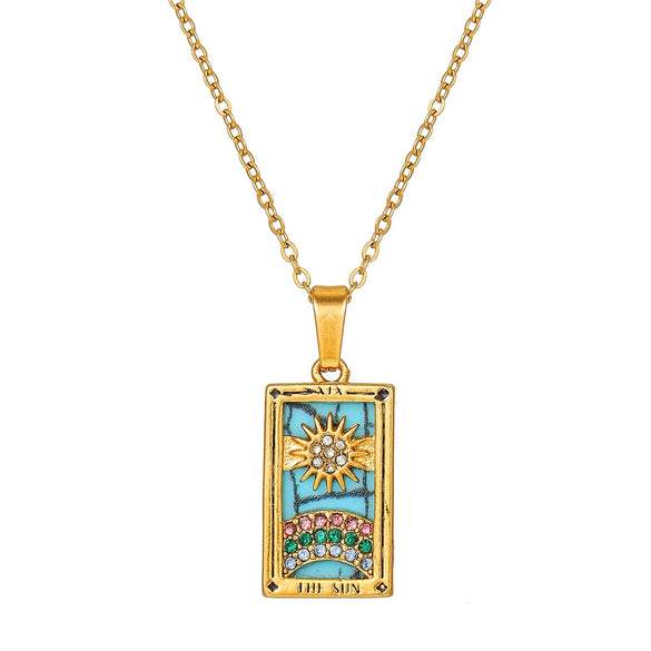 Wholesale Retro Stainless Steel Geometric Rectangular Oil Dripping Zircon Tarot Card Pendant Necklace Manual Processing For Women