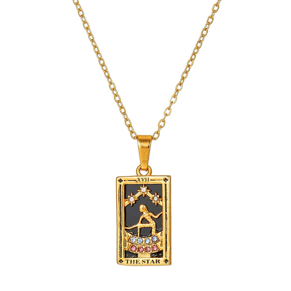 Wholesale Retro Stainless Steel Geometric Rectangular Oil Dripping Zircon Tarot Card Pendant Necklace Manual Processing For Women