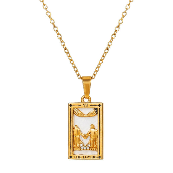 Wholesale Retro Stainless Steel Geometric Rectangular Oil Dripping Zircon Tarot Card Pendant Necklace Manual Processing For Women