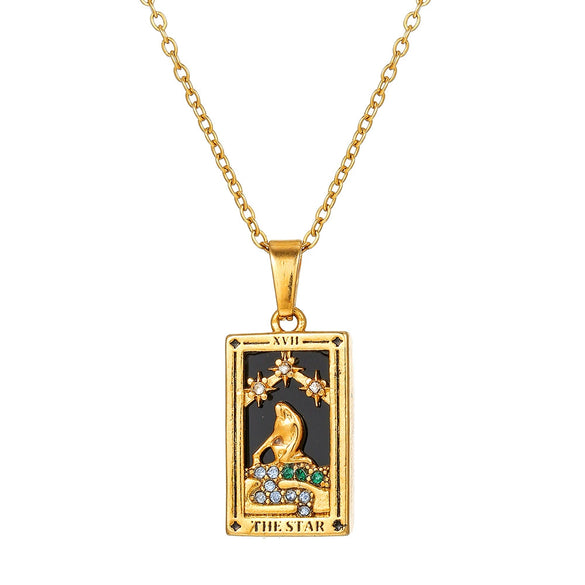 Wholesale Retro Stainless Steel Geometric Rectangular Oil Dripping Zircon Tarot Card Pendant Necklace Manual Processing For Women