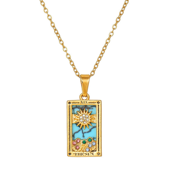 Wholesale Retro Stainless Steel Geometric Rectangular Oil Dripping Zircon Tarot Card Pendant Necklace Manual Processing For Women