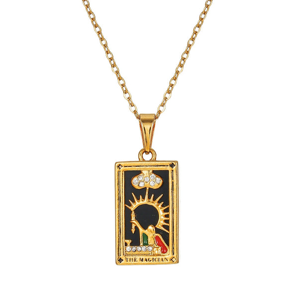 Wholesale Retro Stainless Steel Geometric Rectangular Oil Dripping Zircon Tarot Card Pendant Necklace Manual Processing For Women
