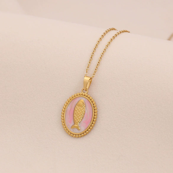 Wholesale Retro Stainless Steel Geometric Tarot Oil Drop Fish Pendant Necklace With O Word Chain