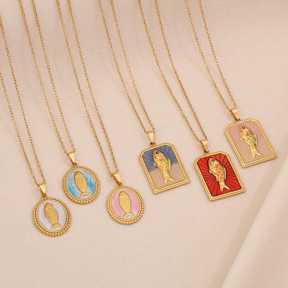 Wholesale Retro Stainless Steel Geometric Tarot Oil Drop Fish Pendant Necklace With O Word Chain