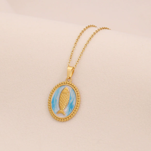 Wholesale Retro Stainless Steel Geometric Tarot Oil Drop Fish Pendant Necklace With O Word Chain