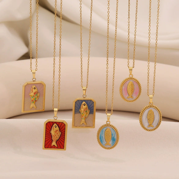 Wholesale Retro Stainless Steel Geometric Tarot Oil Drop Fish Pendant Necklace With O Word Chain