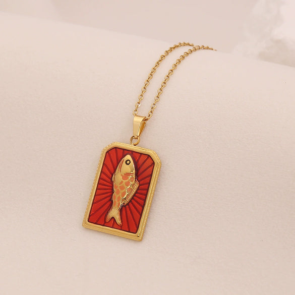 Wholesale Retro Stainless Steel Geometric Tarot Oil Drop Fish Pendant Necklace With O Word Chain