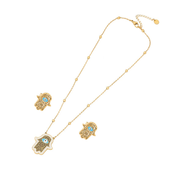Wholesale Retro Stainless Steel Oil Dropping Eyes Palm Necklace Set With Electroplating Treatment