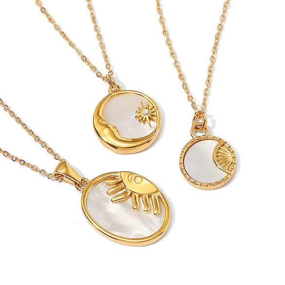 Wholesale Retro Stainless Steel Oval Shell Sun Moon Pendant Necklace With 18K Gold Plated Electroplating