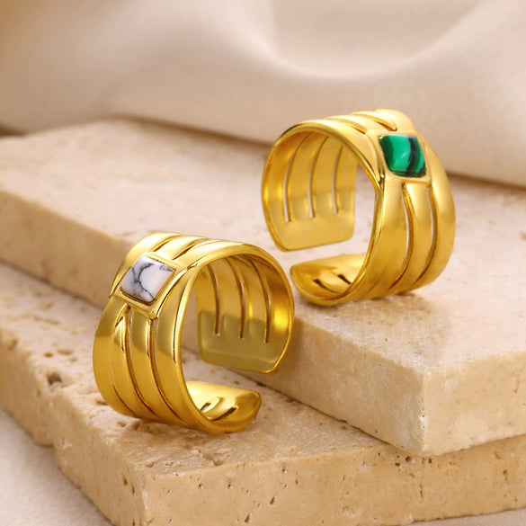 Wholesale Retro Stainless Steel Ring Electroplated With Gold Inlaid With Natural Stone Geometric Style Women's Jewelry