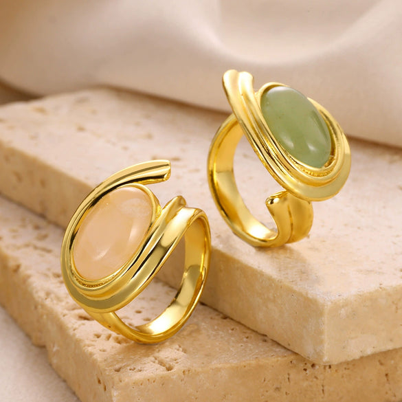Wholesale Retro Stainless Steel Ring Electroplated With Gold Inlaid With Natural Stone Geometric Style Women's Jewelry