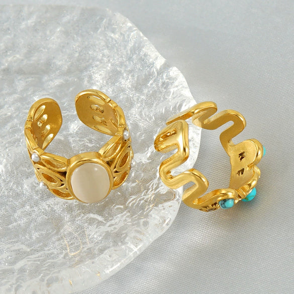 Wholesale Retro Stainless Steel Ring Electroplated With 18K Gold Inlaid With Peacock Geometric Style Unisex Jewelry