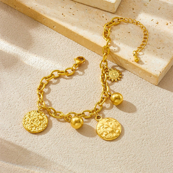 Wholesale Retro Stainless Steel Sun And Moon Pendant Chain Bracelet With Irregular Concaveconvex Surface And Electroplating
