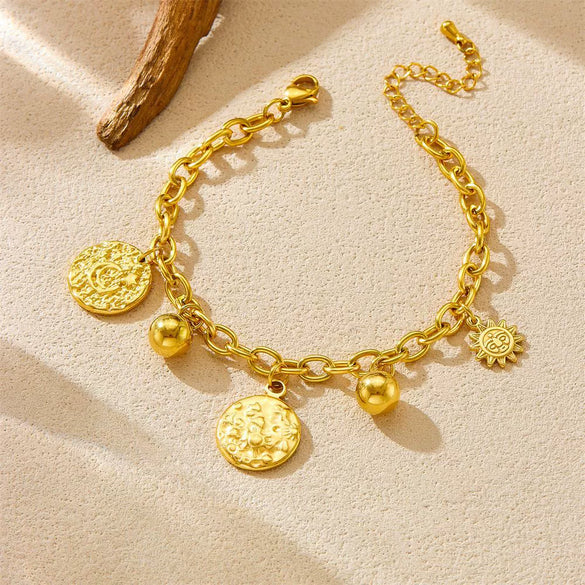 Wholesale Retro Stainless Steel Sun And Moon Pendant Chain Bracelet With Irregular Concaveconvex Surface And Electroplating