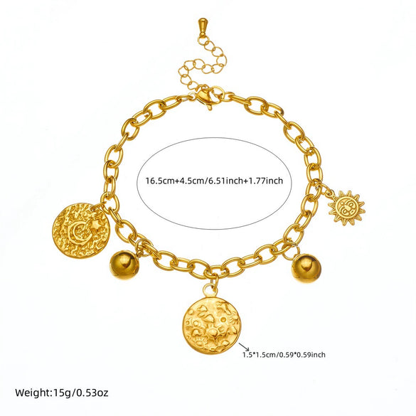 Wholesale Retro Stainless Steel Sun And Moon Pendant Chain Bracelet With Irregular Concaveconvex Surface And Electroplating