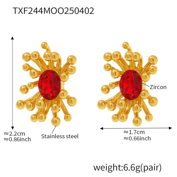 Wholesale Retro Stainless Steel Zircon Stamens Ring And Earrings Set With Electroplating