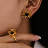 Wholesale Retro Stainless Steel Zircon Stamens Ring And Earrings Set With Electroplating