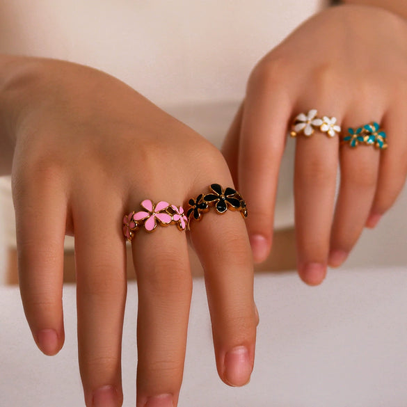 Wholesale Retro Style Color Oil Drop Daisy Ring Stainless Steel 18K Furnace Vacuum Plated