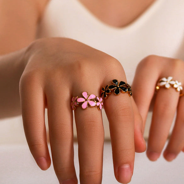 Wholesale Retro Style Color Oil Drop Daisy Ring Stainless Steel 18K Furnace Vacuum Plated