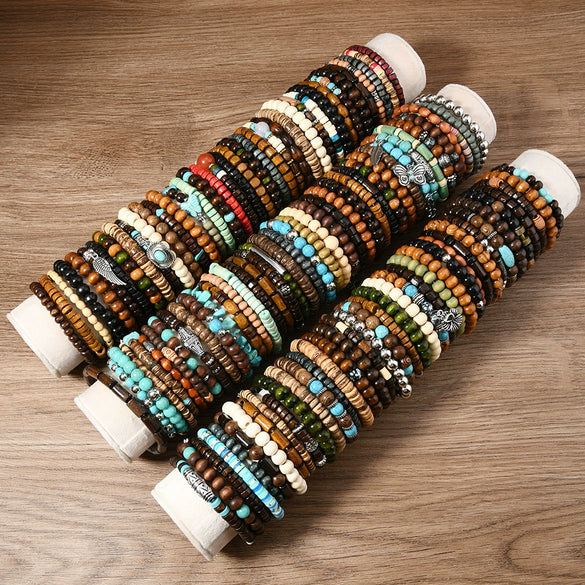 Wholesale Retro Style Geometric Butterfly Wooden Beads Handmade Elastic Hair String Set