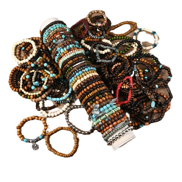 Wholesale Retro Style Geometric Butterfly Wooden Beads Handmade Elastic Hair String Set