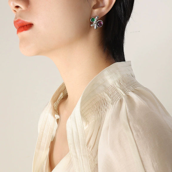 Wholesale Retro Style Geometric 316L Stainless Steel 18K Gold Plated Ruby Inlaid Earrings