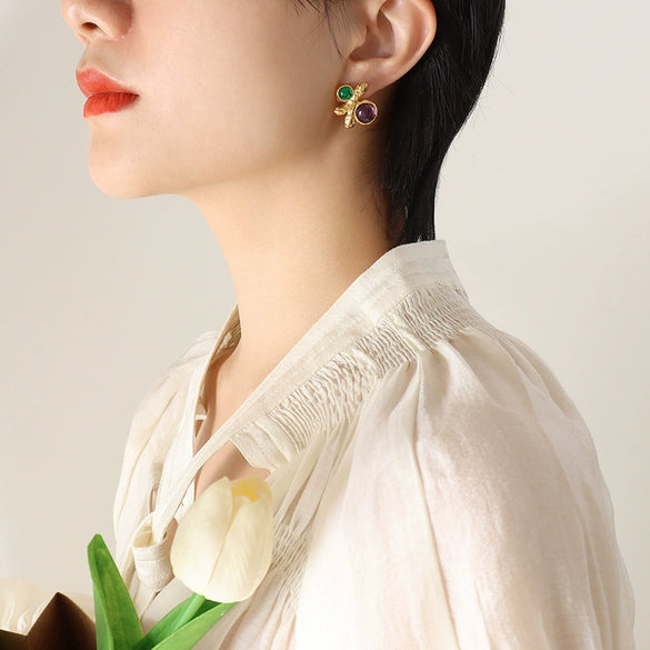 Wholesale Retro Style Geometric 316L Stainless Steel 18K Gold Plated Ruby Inlaid Earrings