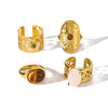 Wholesale Retro Style Opening Adjustable Ring In Stainless Steel With 18K Furnace Vacuum Plated Geometric Pattern And Inlaid Natural Tiger Eye Stone