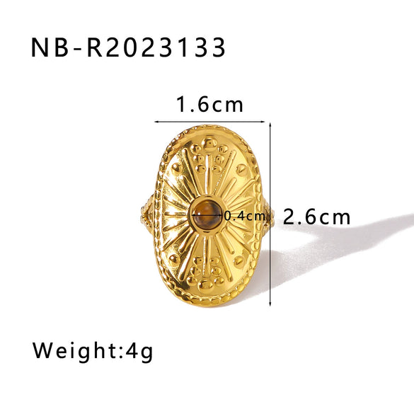 Wholesale Retro Style Opening Adjustable Ring In Stainless Steel With 18K Furnace Vacuum Plated Geometric Pattern And Inlaid Natural Tiger Eye Stone