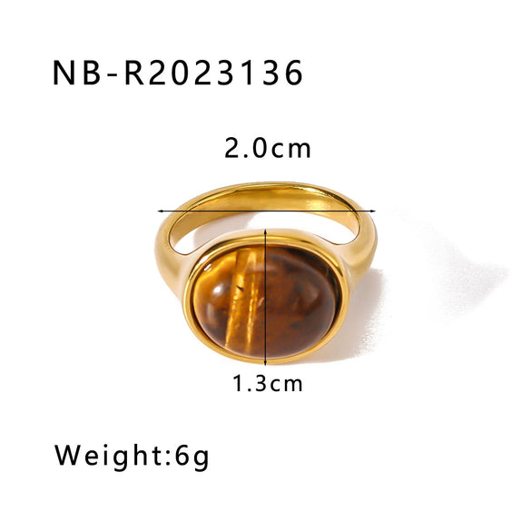 Wholesale Retro Style Opening Adjustable Ring In Stainless Steel With 18K Furnace Vacuum Plated Geometric Pattern And Inlaid Natural Tiger Eye Stone
