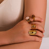 Wholesale Retro Style Opening Adjustable Ring In Stainless Steel With 18K Furnace Vacuum Plated Geometric Pattern And Inlaid Natural Tiger Eye Stone