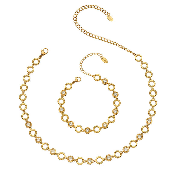 Wholesale Retro Style Stainless Steel Electroplated 18K Gold Clawset Zircon Necklace And Bracelet Set For Women