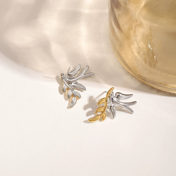 Wholesale Retro Style Stainless Steel Gold And Silver Color Matching Leaf Earrings