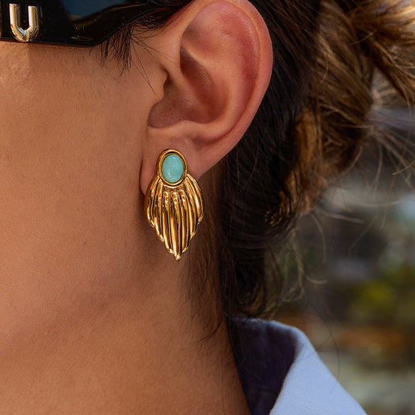 Wholesale Retro Style Stainless Steel Leaf Earrings With Blue Stone