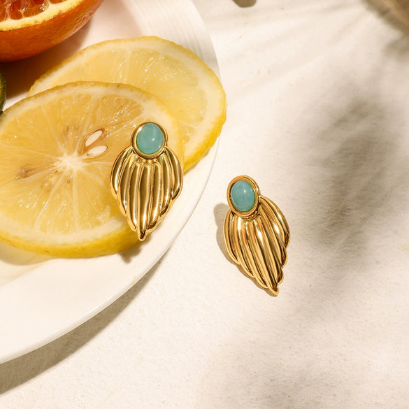 Wholesale Retro Style Stainless Steel Leaf Earrings With Blue Stone