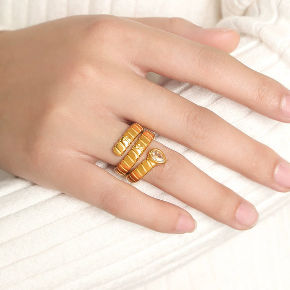 Wholesale Retro Style 316L Stainless Steel Gold Plated Open Ring With Dropshaped Zircon And Geometric Pattern For Women