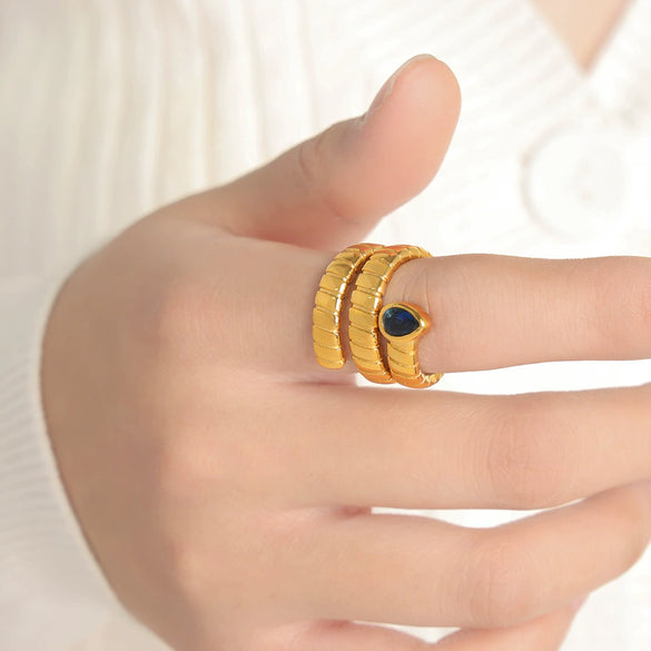 Wholesale Retro Style 316L Stainless Steel Gold Plated Open Ring With Dropshaped Zircon And Geometric Pattern For Women