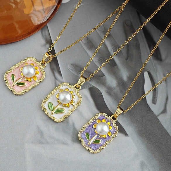 Wholesale Retro Sunflower Pearl Titanium Steel And Copper Necklace For Women With Enamel Electroplated Design And O Word Chain